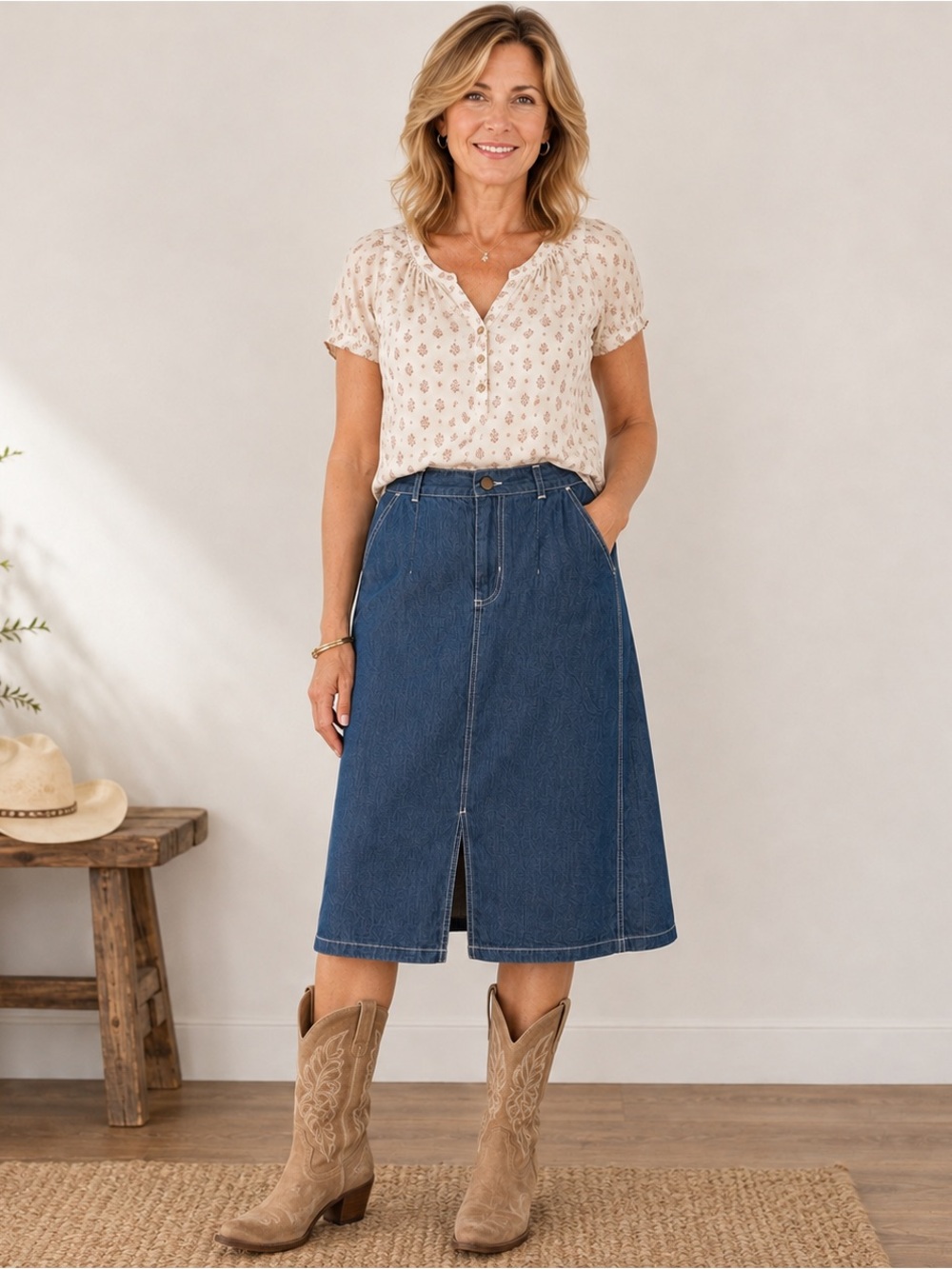 Women's Long Blue Denim Roper Jean Skirt With Front Slit L 100%cotton